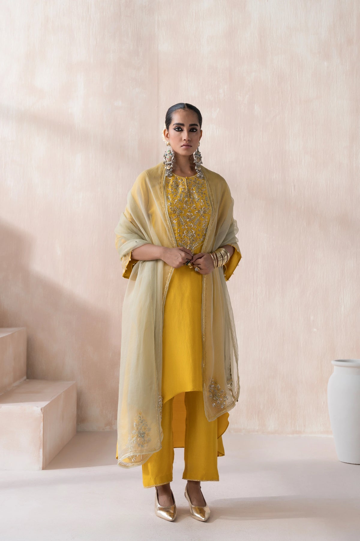 High-Low Shirt with Pants and Dupatta - Saisha