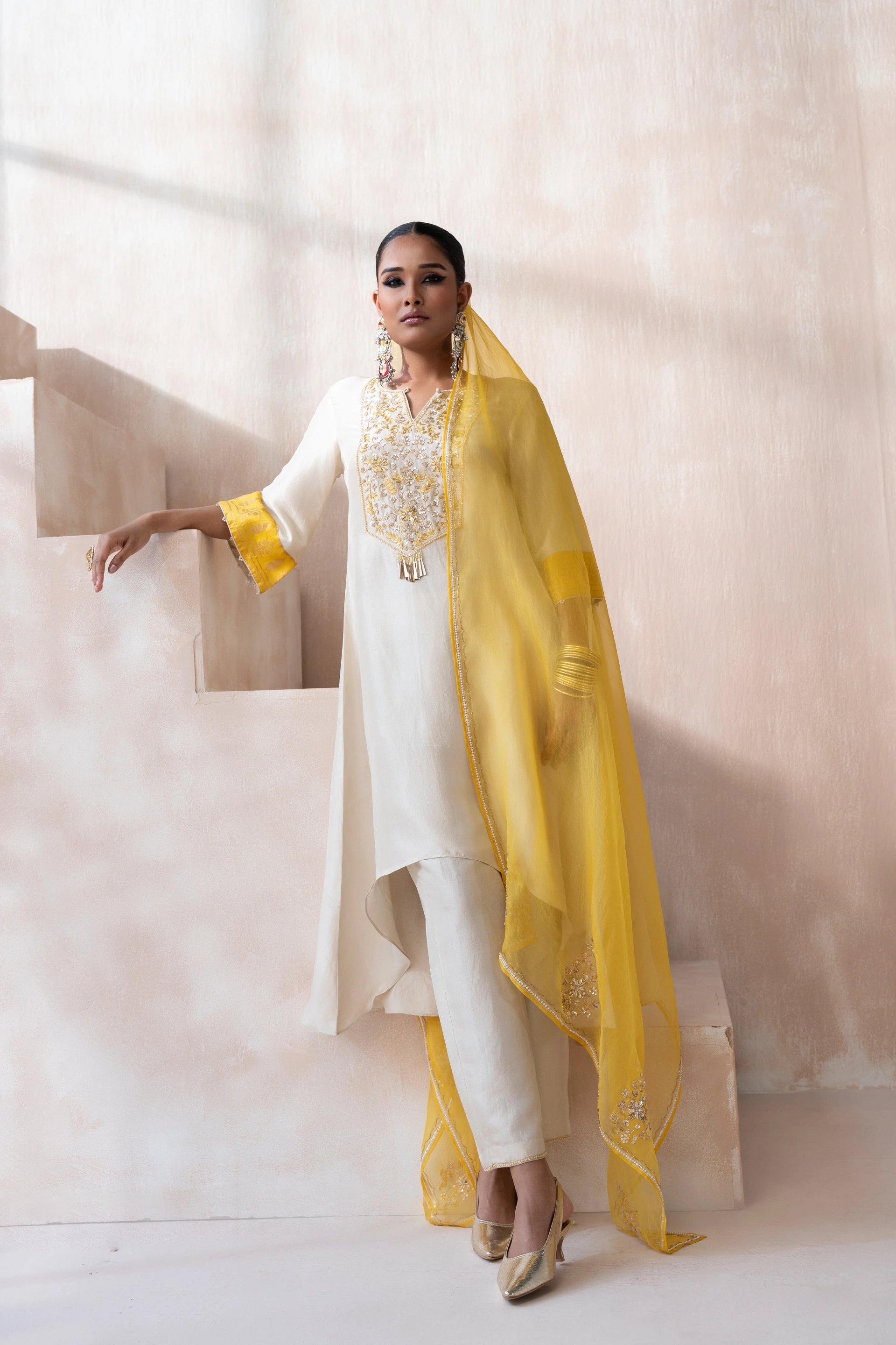 High-Low Shirt with Pants and Dupatta - Saisha