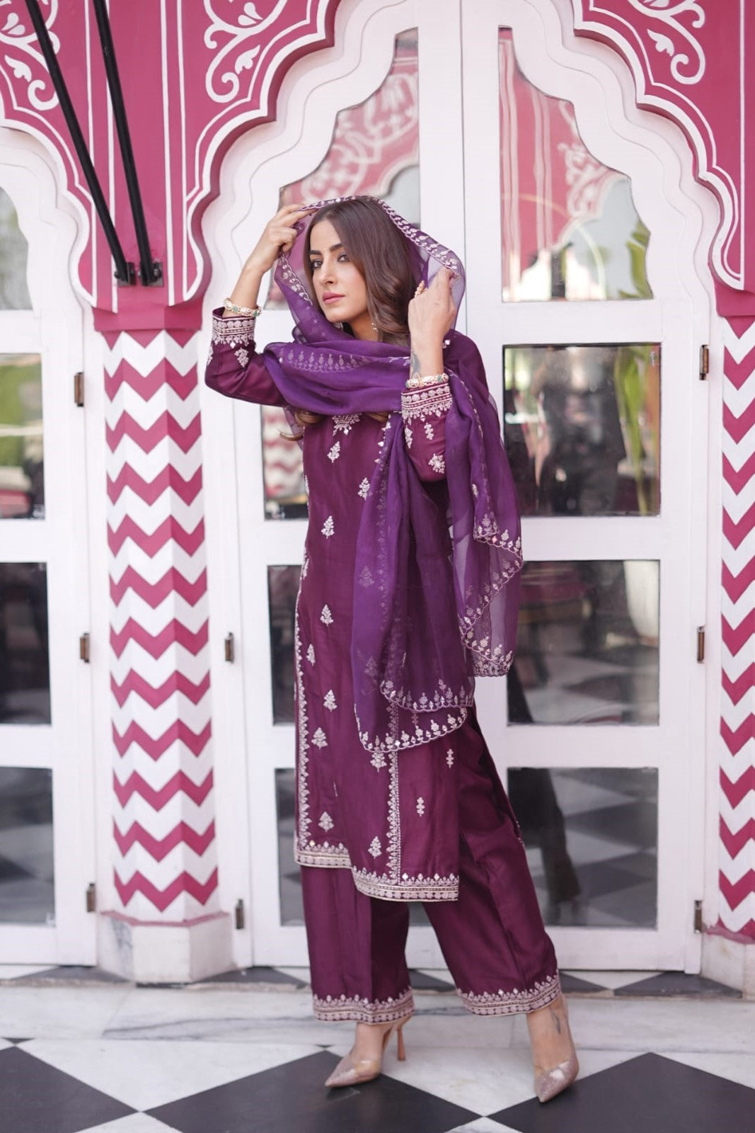 Chanderi Suit with Embroidered Pants and Dupatta - Saisha