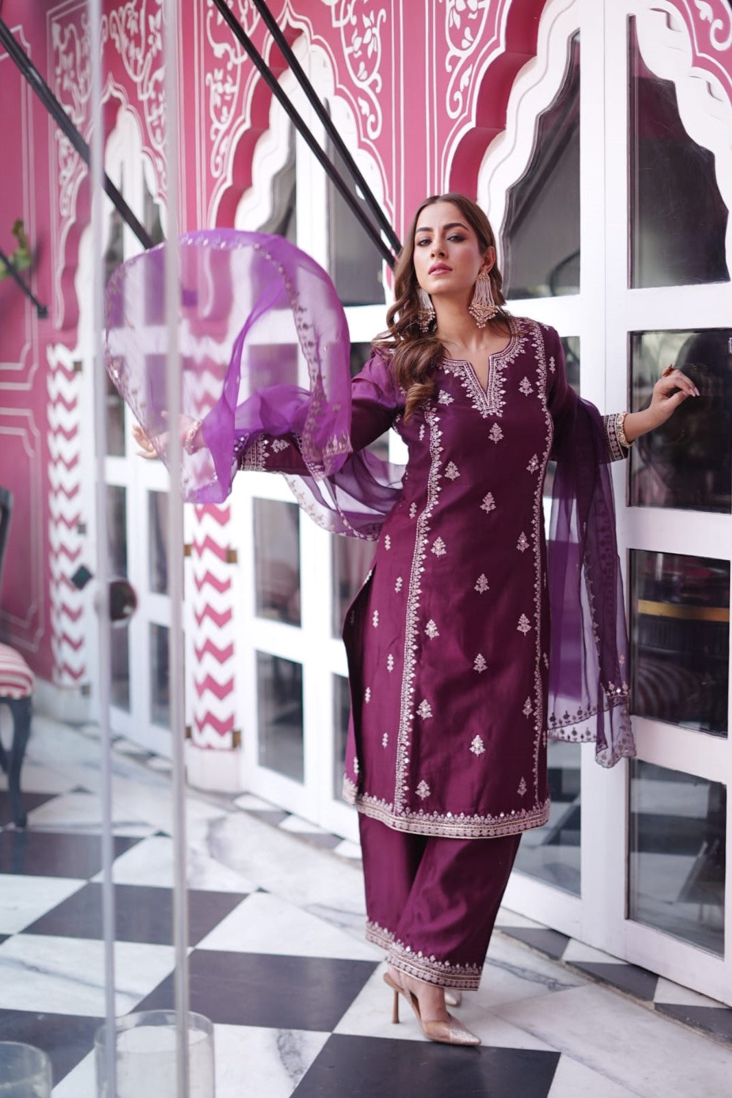 Chanderi Suit with Embroidered Pants and Dupatta - Saisha